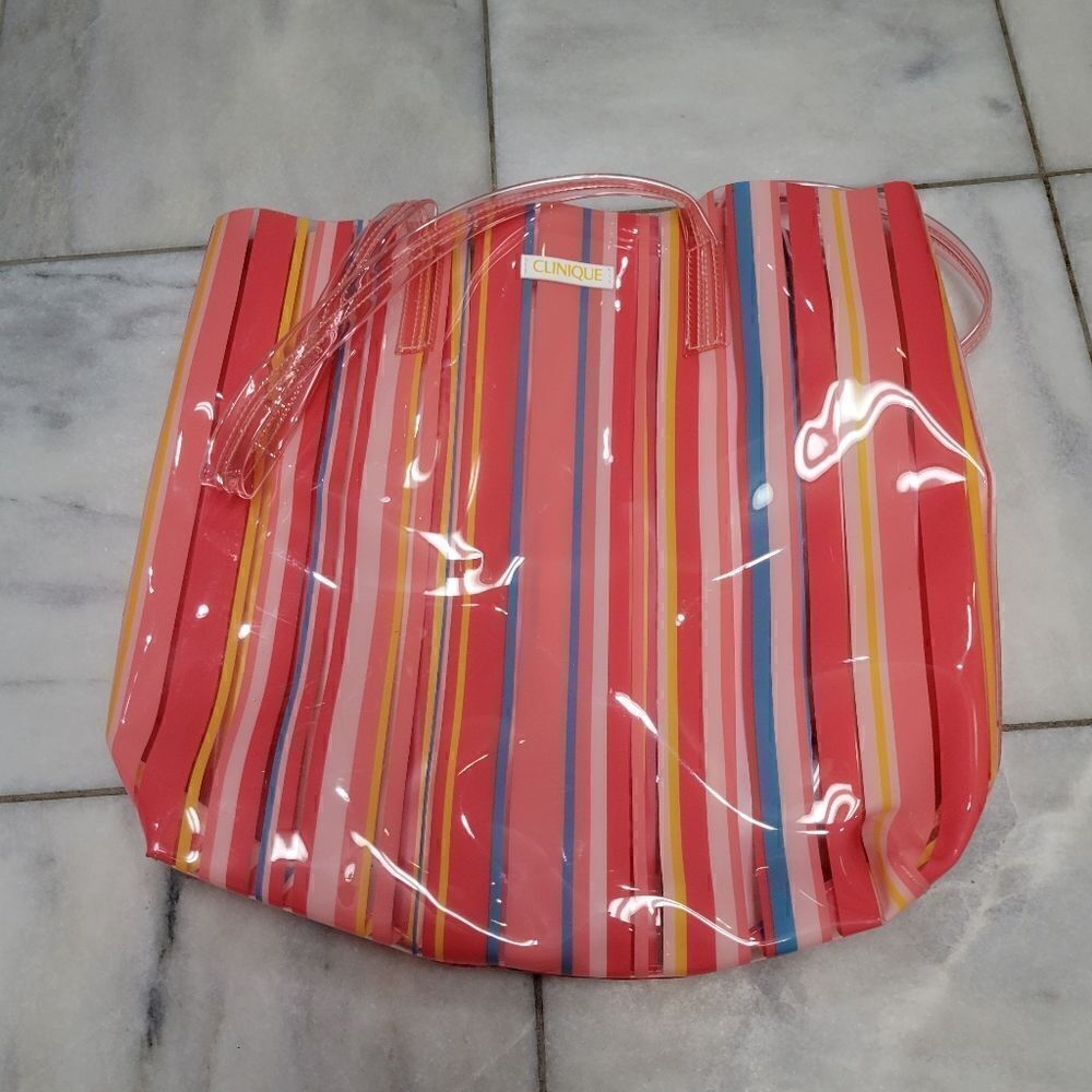 Clinique Beach Tote Bag Peach Pink Red Yellow Blue Multicolored PVC    - Picture 7 of 11